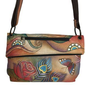 Anuschka NEVER USED Handpainted Leather Asymmetric Cross Body Bag Rose